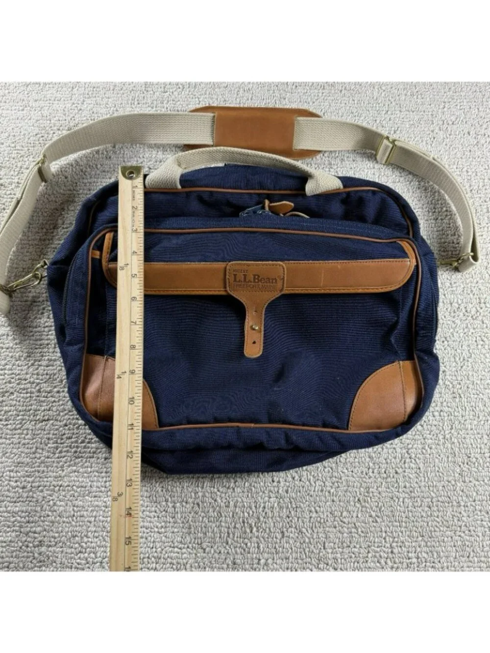 Vintage L.L. Bean Deluxe Duffel Bag Leather Trim Blue Brown